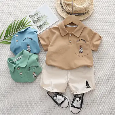 Retro Embroidered Kids Shorts Suit 2024 Summer Cotton Beige