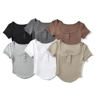 Women U-Neck Button T-Shirt Grey Large