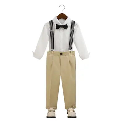 Boys' Navy Blue Suspender Pants Suit with Bow Tie