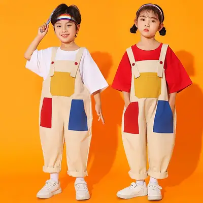Girls Cheerleading Outfit with Colorful Overalls