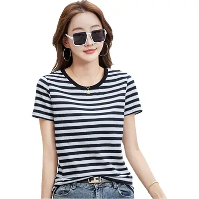 Women Striped T-Shirt Summer Loose Fit Round Neck