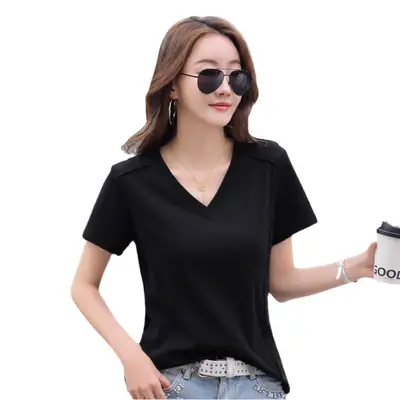 Women V Neck Pure Cotton Short Sleeve T-Shirt Brown Large