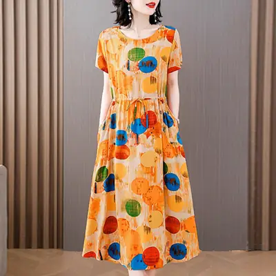 Green Floral Cotton Silk Western Dress for Women