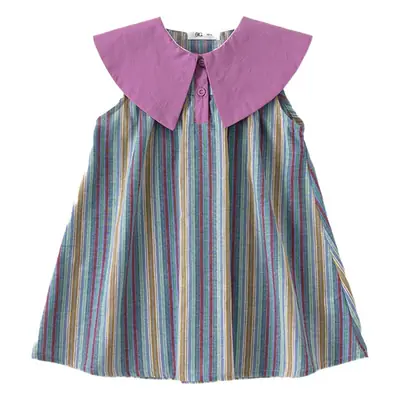 Girls Striped Sleeveless Skirt Dress Purple Collar 2025