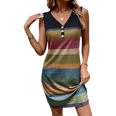 2025 Button Long Vest Dress Gold Striped