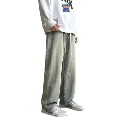 Men Wide Leg Yellow Mud Dyed Jeans Summer Loose Straight