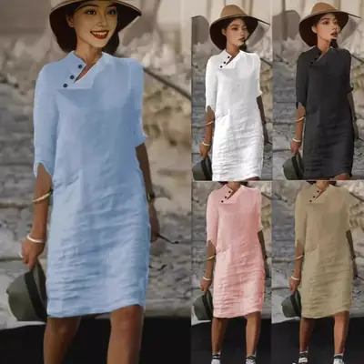 2025 Spring Summer Button Collar Dress Cotton Linen