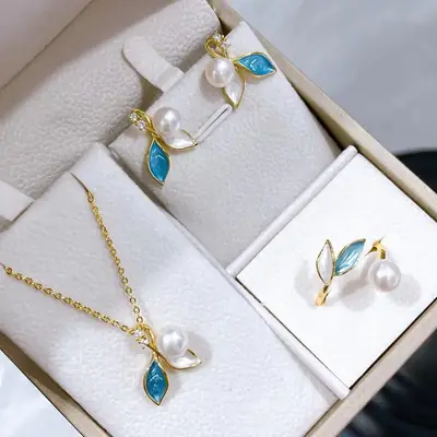 Natural Pearl Leaf Earrings Set S925 High Quality