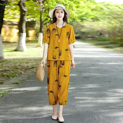 Middle-Aged Women Printed Cotton Suit Top & Pants Set