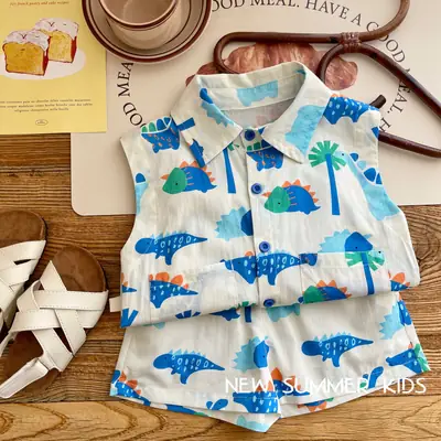Kids Cartoon Dinosaur Sleeveless Top Shorts Set