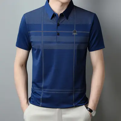 Men Ice Silk Polo Shirt Blue Striped Middle Age Business Casual