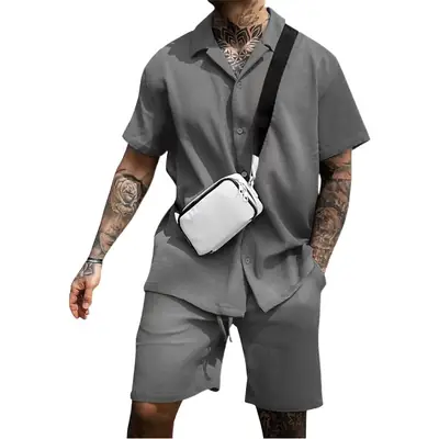 Men's Grey Casual Two-Piece Shorts Set with Crossbody Bag