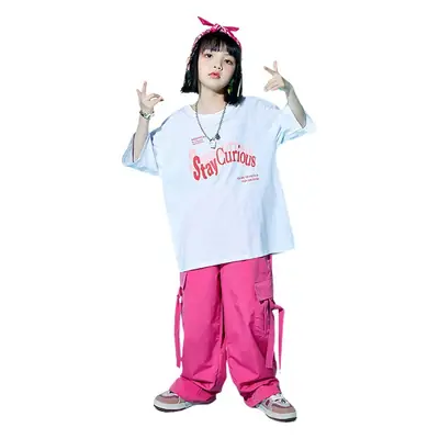 Children Street Dance Outfit Pink Cargo Pants Set