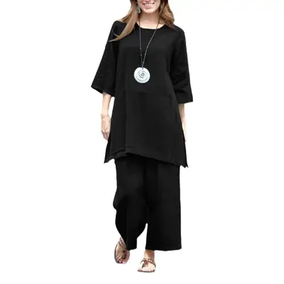 2023 Women's Black Loose Cotton Tunic & Pants Set