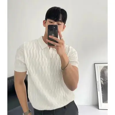 Men's White Knitted Polo Shirt Slim Fit
