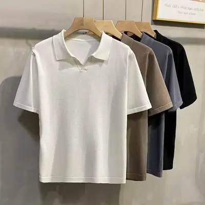 Men Summer Knitted T-Shirt Solid Color Slim Fit