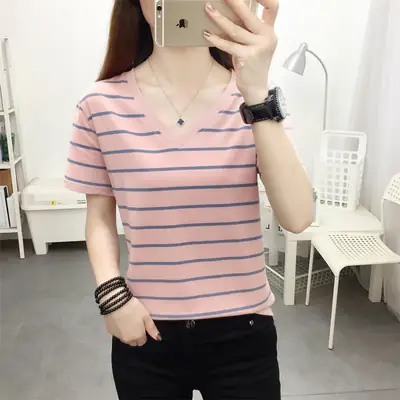 Women Striped Cotton T-Shirt V-Neck Plus Size
