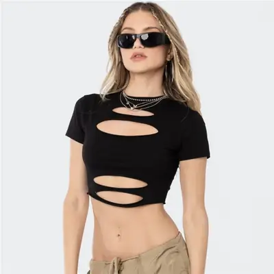 Women Black Hollow Neck Crop Top Slim Fit Summer T-shirt