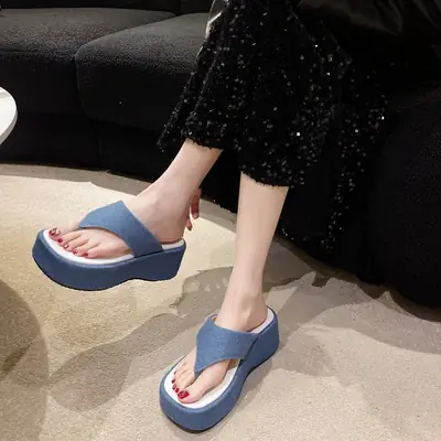 Sandals and Slippers Women's 2023 Summer New Thick Bottom Thong Flip-flops High Heel Wedge Denim Blue Slippers