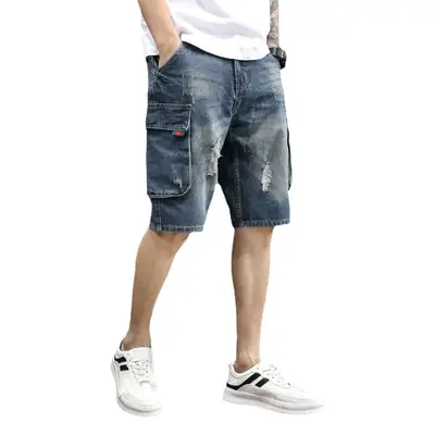 Denim Mid-Length Cargo Shorts for Men Retro Korean Style