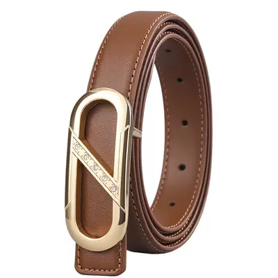 Ladies Leather Belt with Gold Plate Buckle, Brown, 10"