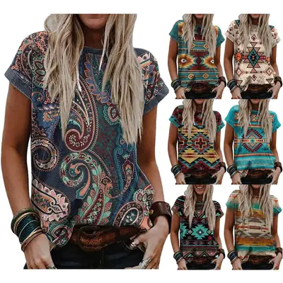 Imitation Cotton T-Shirt 2023 European and American Women's Independent Station Retro Printed Western Ethnic Style Round Neck Short Sleeve T-Shirt Top