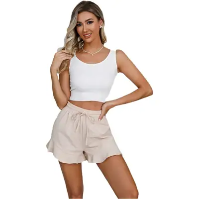 Women Cotton Linen Shorts Ruffled Elastic Waist Drawstring