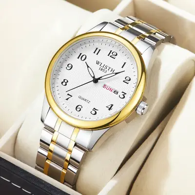 Men's Gold & Silver Quartz Watch with Double Calendar