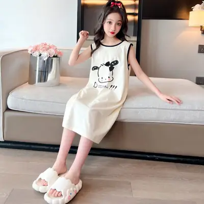 Girls Cotton Sleeveless Nightgown with Dog Cartoon Print