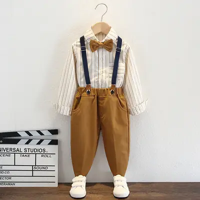 Boys Three-Piece Suit Brown Overalls with Bow Tie