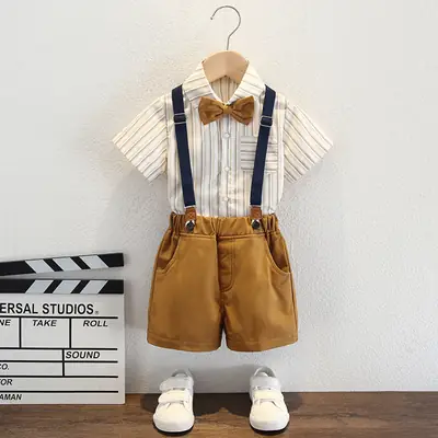 Children's British Style Shorts Suit Brown Short Sleeve Top with Bow