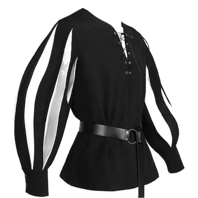 2025 Men Medieval Color Block Shirt Black Red Belted