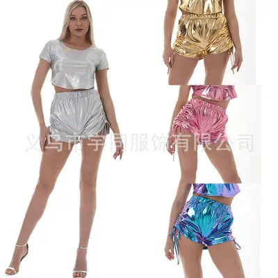 PU Hot Drawstring Shorts Women Sexy Gold High Heels
