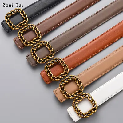 Tie Belt with Gold Chain Buckle Brown