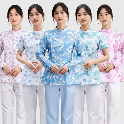 Women Floral Nurse Split Suit Blue White