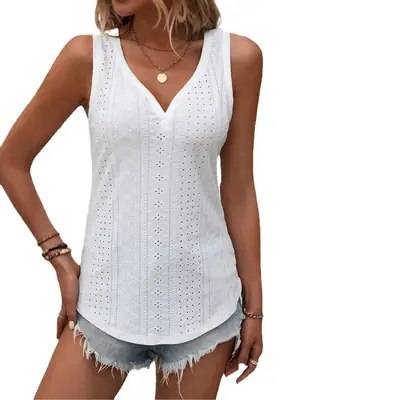 White Eyelet Vest with Deep V Neck for Women