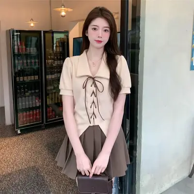 Women Apricot Strap Collar Short Sleeve 2023 Summer Top
