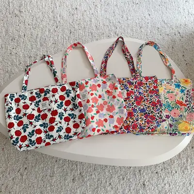 Summer Floral Canvas Beach Bag Large Capacity