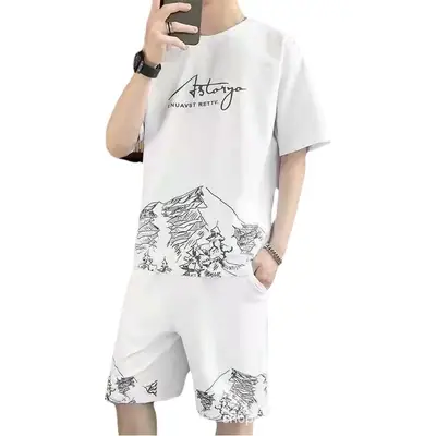 Men White Mountain Print Casual Shorts Set