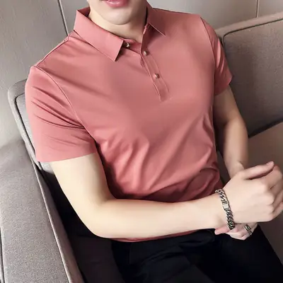 Men's Light Pink Short Sleeve Polo Shirt Business Casual Wear