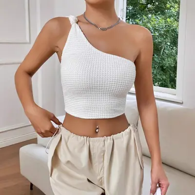 White Waffle Knit One Shoulder Top with Lace Trim