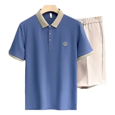 2023 Men's White Embroidered Polo Shirt with Grey Shorts