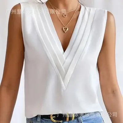 Blue Sleeveless V-Neck T-Shirt for Women