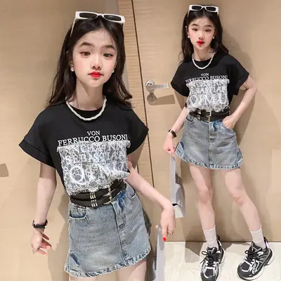 Girls 2-Piece Denim Skirt & Lace Top Set Medium Large
