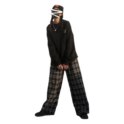 Women Plaid Wide Leg Pants Korean Style Loose Fit