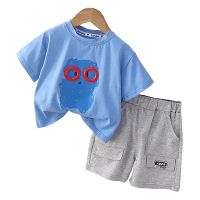 Children Cotton Owl Shorts Suit Blue Grey Summer Boys