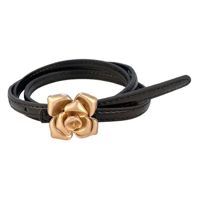 Women's Thin Leather Belt with Gold Flower Decor