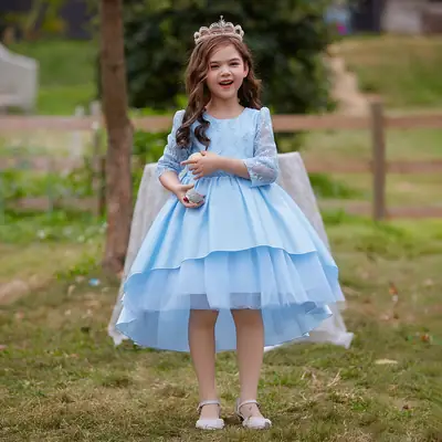 Girls' Blue Tulle Princess Dress with Lace Sleeves