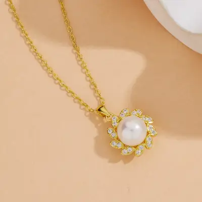 Golden Pearl Willow Flower Pendant Necklace