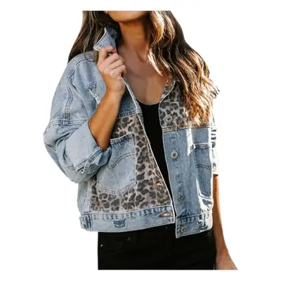 Women's Cross-Border Denim Coat Leopard Stitch Long Sleeve
